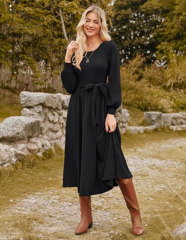 GRACE KARIN Casual Long Sleeve Dress 2025 A Line, Fall Sweater Dresses Ribbed, Crew Neck Midi Dress with Pocket in Kuwait
