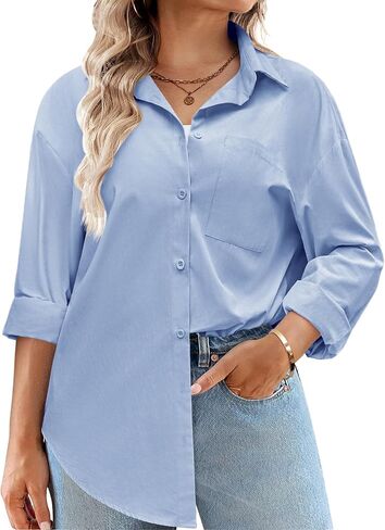 IN'VOLAND Womens Plus Size Button Down Shirts Long Sleeve Cotton Casual Collared Shirt Loose Work Blouses Tops with Pocket in Saudi Arabia