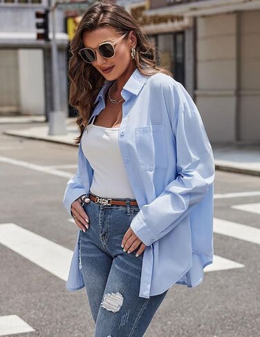 IN'VOLAND Womens Plus Size Button Down Shirts Long Sleeve Cotton Casual Collared Shirt Loose Work Blouses Tops with Pocket in Saudi Arabia