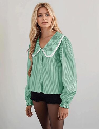 Striped Button Down Shirts for Women Casual V Neck Long Sleeve Blouse Loose Puff Sleeve Babydoll Tops Business Work in Kuwait