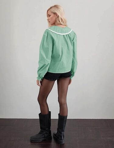 Striped Button Down Shirts for Women Casual V Neck Long Sleeve Blouse Loose Puff Sleeve Babydoll Tops Business Work in Kuwait