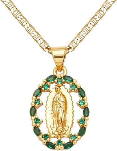 DouuYuhet 18K Gold Plated Flat Mariner/Marina, 3MM Chain Necklace With Virgin Mary Guadalupe Charm Pendant Christian Jewelry in Saudi Arabia