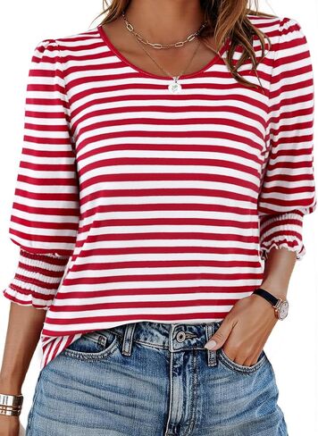 LilyCoco Womens Striped Shirt Casual Elegant Crewneck 3/4 Sleeve T Shirts in Saudi Arabia