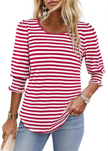 LilyCoco Womens Striped Shirt Casual Elegant Crewneck 3/4 Sleeve T Shirts in Saudi Arabia
