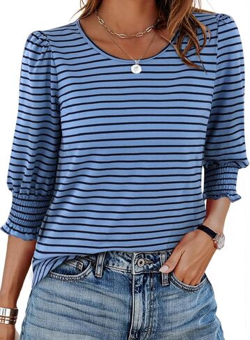 LilyCoco Womens Striped Shirt Casual Elegant Crewneck 3/4 Sleeve T Shirts in Saudi Arabia