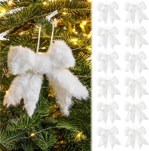 12 Pcs Fur White Christmas Tree Bow Decor Furry Farmhouse Bow Hanging Ornaments Rustic Boho Christmas Ball Decorations for Xmas Tree Indoor Outdoor Home Office Decor in Saudi Arabia