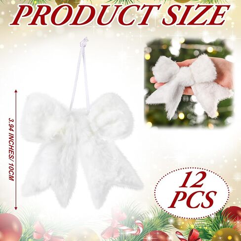 12 Pcs Fur White Christmas Tree Bow Decor Furry Farmhouse Bow Hanging Ornaments Rustic Boho Christmas Ball Decorations for Xmas Tree Indoor Outdoor Home Office Decor in Saudi Arabia