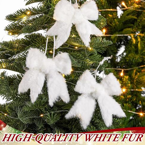 12 Pcs Fur White Christmas Tree Bow Decor Furry Farmhouse Bow Hanging Ornaments Rustic Boho Christmas Ball Decorations for Xmas Tree Indoor Outdoor Home Office Decor in Saudi Arabia