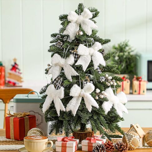 12 Pcs Fur White Christmas Tree Bow Decor Furry Farmhouse Bow Hanging Ornaments Rustic Boho Christmas Ball Decorations for Xmas Tree Indoor Outdoor Home Office Decor in Saudi Arabia