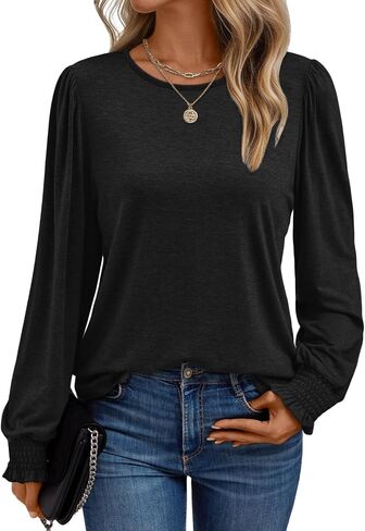 AUTOMET Long Sleeve Shirts for Women Business Casual Tops Dressy Blouses with Smocked Cuffs in Saudi Arabia