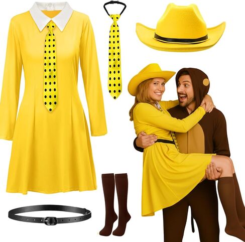5 Pcs Adults Women Yellow Hat Costume Big Yellow Dress with Pointy Hat Polka Dot Tie for Halloween Cosplay in Kuwait