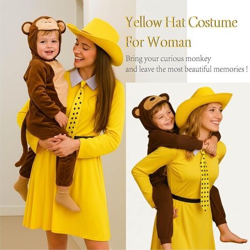 5 Pcs Adults Women Yellow Hat Costume Big Yellow Dress with Pointy Hat Polka Dot Tie for Halloween Cosplay in Kuwait