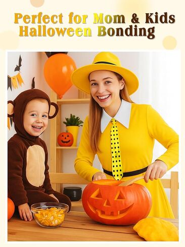 5 Pcs Adults Women Yellow Hat Costume Big Yellow Dress with Pointy Hat Polka Dot Tie for Halloween Cosplay in Kuwait