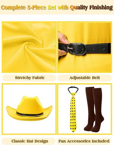 5 Pcs Adults Women Yellow Hat Costume Big Yellow Dress with Pointy Hat Polka Dot Tie for Halloween Cosplay in Kuwait