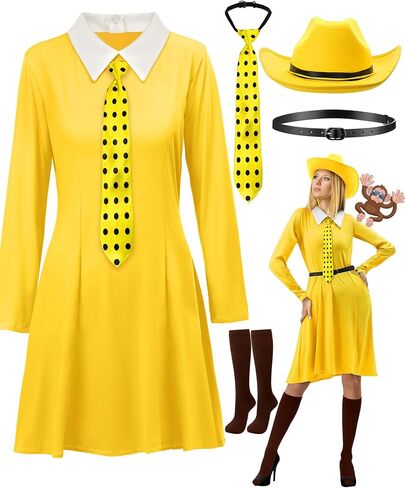 5 Pcs Adults Women Yellow Hat Costume Big Yellow Dress with Pointy Hat Polka Dot Tie for Halloween Cosplay in Kuwait