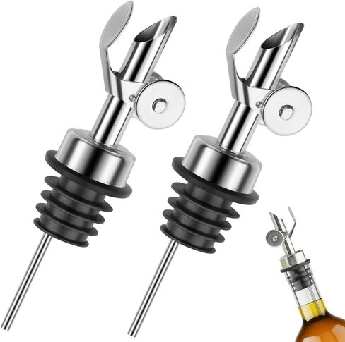 Liquor Bottle Pourers Auto Flip Olive Oil Spouts Weighted Stainless Steel Alcohol Dispenser Liquor Pour Spouts for Bottles Olive Oil Pourer with Olive Oil Funnel & Brush Pack of 4 Silver in Kuwait