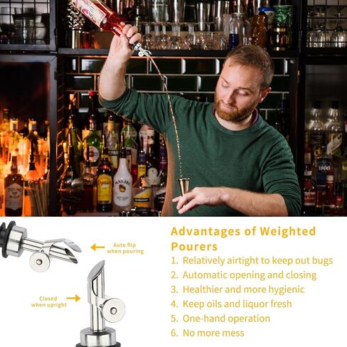 Liquor Bottle Pourers Auto Flip Olive Oil Spouts Weighted Stainless Steel Alcohol Dispenser Liquor Pour Spouts for Bottles Olive Oil Pourer with Olive Oil Funnel & Brush Pack of 4 Silver in Kuwait