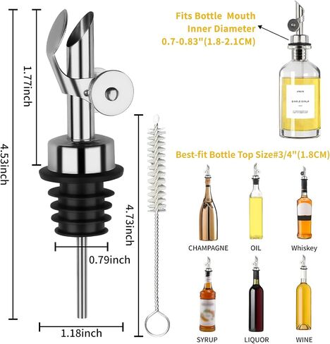 Liquor Bottle Pourers Auto Flip Olive Oil Spouts Weighted Stainless Steel Alcohol Dispenser Liquor Pour Spouts for Bottles Olive Oil Pourer with Olive Oil Funnel & Brush Pack of 4 Silver in Kuwait