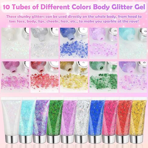 6 Colors Body Face Glitter Gel for Skin and Hair, Makeup Sparkles Rave Accessories for Festival Outfits, Mermaid Decorations, Disco Cowgirl, Mardi Gras in Kuwait