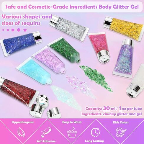 6 Colors Body Face Glitter Gel for Skin and Hair, Makeup Sparkles Rave Accessories for Festival Outfits, Mermaid Decorations, Disco Cowgirl, Mardi Gras in Kuwait