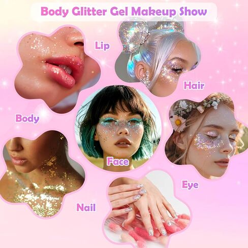 6 Colors Body Face Glitter Gel for Skin and Hair, Makeup Sparkles Rave Accessories for Festival Outfits, Mermaid Decorations, Disco Cowgirl, Mardi Gras in Kuwait