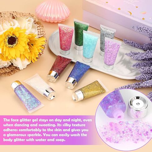 6 Colors Body Face Glitter Gel for Skin and Hair, Makeup Sparkles Rave Accessories for Festival Outfits, Mermaid Decorations, Disco Cowgirl, Mardi Gras in Kuwait