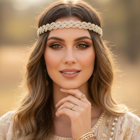 عصابات رأس مطاطية من حجر الراين باللون الذهبي من Fstrend إكسسوارات شعر لغطاء الرأس من الكريستال اللامع in Kuwait