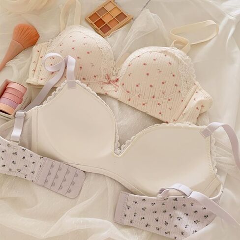 Women’s Cute V-Plunge Bra Wireless Push Up Floral Bow Lace Bralette Breathable Sweet Lolita T-Shirt Bra in Saudi Arabia