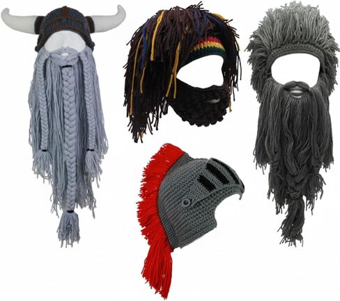 Geyoga 4 Pcs Creative Beard Hats Viking Beanie Wig Knit Beard Horn Winter Warm Funny Mask Beanie for Women Men Halloween Christmas Dark in Saudi Arabia