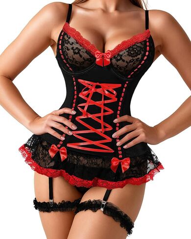Lingerie Sets for Women Sexy Rave Outfits Lace Up Corset Bodysuit with Garter Thong 3 Piece in Kuwait