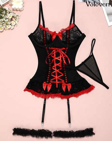 Lingerie Sets for Women Sexy Rave Outfits Lace Up Corset Bodysuit with Garter Thong 3 Piece in Kuwait