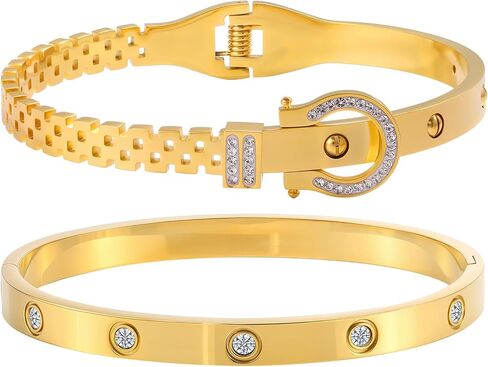 2PCS Gold Bracelets for Women Friendship & Love Theme Crystal Bangle Set Stainless Steel Non Tarnish Jewelry, Ideal Birthday Gift. in Saudi Arabia