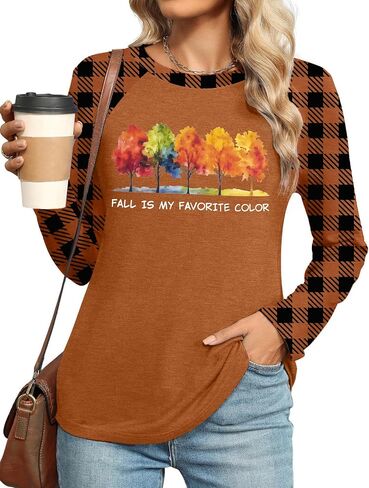 Fall T-Shirt for Women: Pumpkin Shirts Fall Season T Shirt Halloween Thanksgiving Plaid Long Sleeve Tops in Saudi Arabia