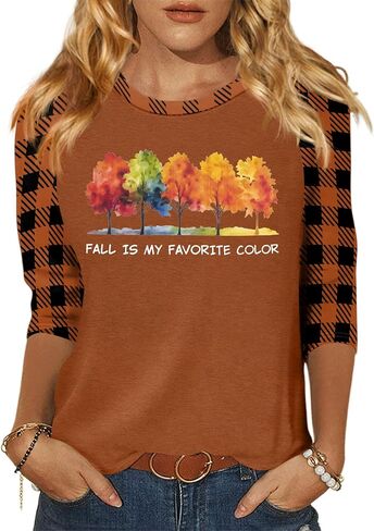 Fall T-Shirt for Women: Pumpkin Shirts Fall Season T Shirt Halloween Thanksgiving Plaid Long Sleeve Tops in Saudi Arabia