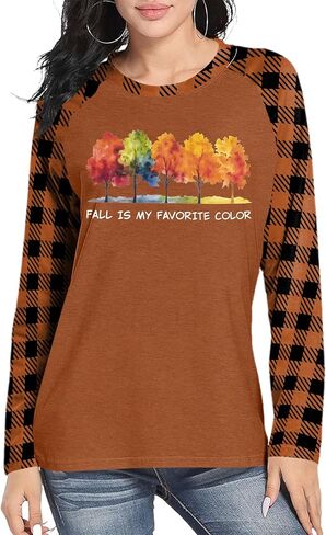Fall T-Shirt for Women: Pumpkin Shirts Fall Season T Shirt Halloween Thanksgiving Plaid Long Sleeve Tops in Saudi Arabia