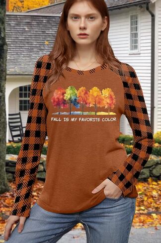 Fall T-Shirt for Women: Pumpkin Shirts Fall Season T Shirt Halloween Thanksgiving Plaid Long Sleeve Tops in Saudi Arabia