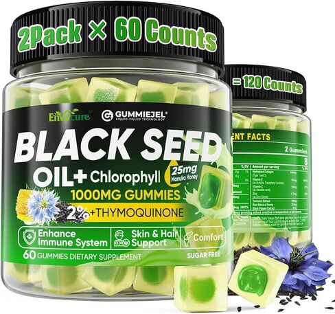 Black Seed Oil Gummies & Chlorophyll, Biotin 500mcg with Hydrolyzed Collagen, Raw Manuka Honey, Organic Cold Pressed - Ultimate Absorption for Skin, Hair & Nails, Digestive, Overall Health, Sugar Free in Saudi Arabia