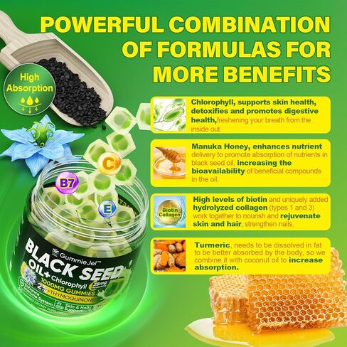 Black Seed Oil Gummies & Chlorophyll, Biotin 500mcg with Hydrolyzed Collagen, Raw Manuka Honey, Organic Cold Pressed - Ultimate Absorption for Skin, Hair & Nails, Digestive, Overall Health, Sugar Free in Saudi Arabia