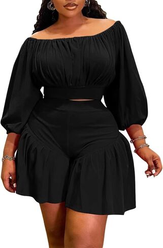 Women's Plus Size 2 Piece Outfits Off Shoulder Long Lantern Sleeve Crop Top and Ruffle Shorts Set in Saudi Arabia