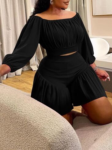 Women's Plus Size 2 Piece Outfits Off Shoulder Long Lantern Sleeve Crop Top and Ruffle Shorts Set in Saudi Arabia