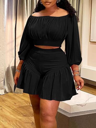 Women's Plus Size 2 Piece Outfits Off Shoulder Long Lantern Sleeve Crop Top and Ruffle Shorts Set in Saudi Arabia