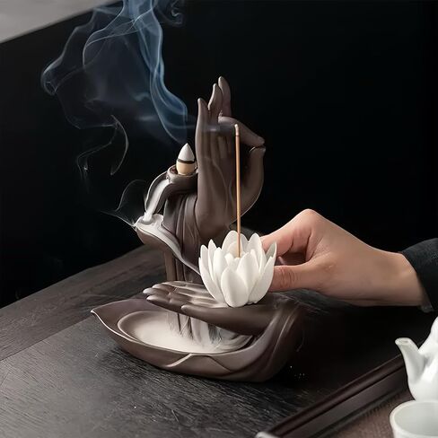 مبخرة لوتس ذات تدفق خلفي - حامل بخور مخروطي سيراميك مع 60 مخروط بخور + 30 عصا + 1 حصيرة + 1 ملاقط | مبخرة الشلال ونافورة الشلال | (بني أسود) in Kuwait