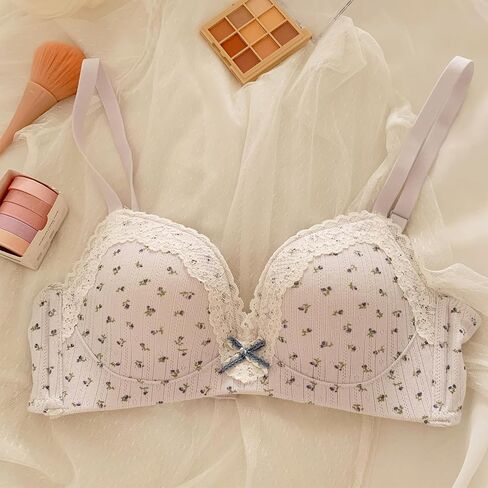 Women’s Cute V-Plunge Bra Wireless Push Up Floral Bow Lace Bralette Breathable Sweet Lolita T-Shirt Bra in Saudi Arabia