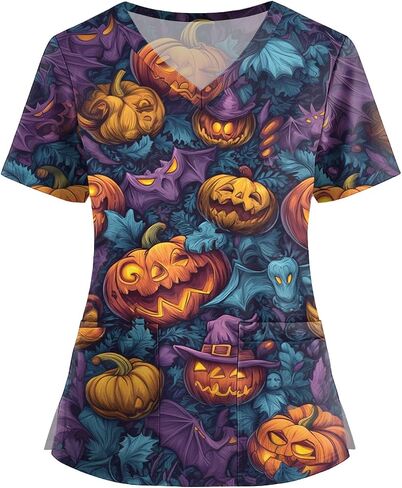 Halloween Tops for Women Plus Size V Neck Short Sleeve Nurse Scrubs Pumpkin Bat Print Medical Uniform with Pockets in Saudi Arabia