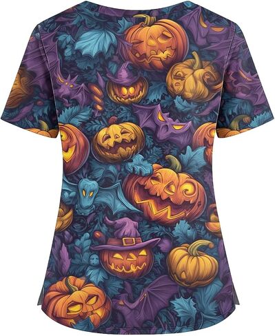 Halloween Tops for Women Plus Size V Neck Short Sleeve Nurse Scrubs Pumpkin Bat Print Medical Uniform with Pockets in Saudi Arabia
