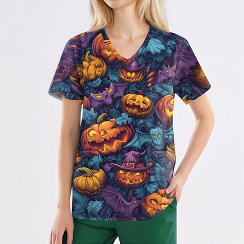 Halloween Tops for Women Plus Size V Neck Short Sleeve Nurse Scrubs Pumpkin Bat Print Medical Uniform with Pockets in Saudi Arabia