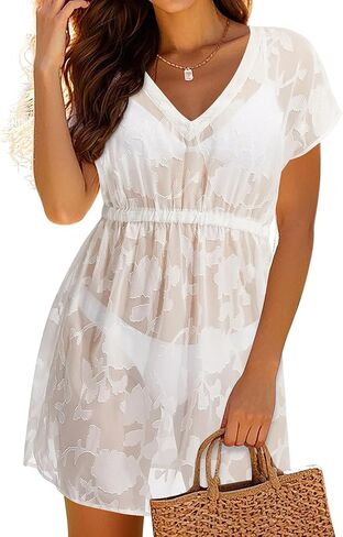 Pinup Fashion Sexy Cover ups Swimwear - Women Sheer Lace Swimsuit Coverup Floral V Neck Beach Dress in Saudi Arabia