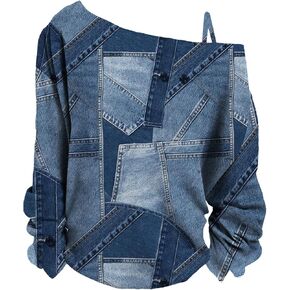 Women's Cold Off Shoulder Denim Print T Shirt Long Sleeve Loose Graphic Tee Tops in Saudi Arabia
