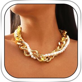 Chunky Gold Choker Pearl Layered Necklace Thick Collar Necklace Cuban Link Chain for Women in Saudi Arabia