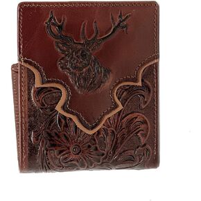 Western Men's Genuine Leather Floral Tooled Laser Cut Deer Wallet in 6 colors (Dark Coffee) in Kuwait
